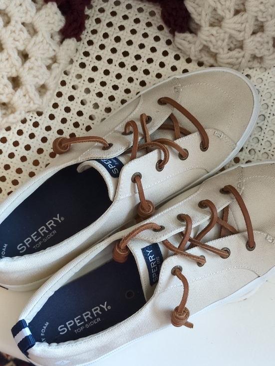 Sperry Shoes - Sperry Cream Canvas Sneakers with Brown Laces